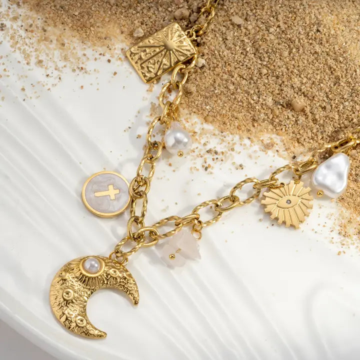 Collier pendentif lune breloque acier inoxydable